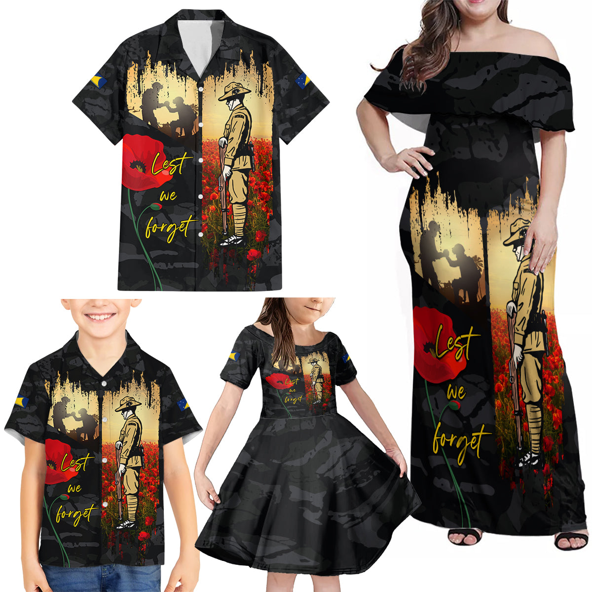 Tokelau ANZAC Day Family Matching Off Shoulder Maxi Dress and Hawaiian Shirt Lest We Forget LT05 - Polynesian Pride