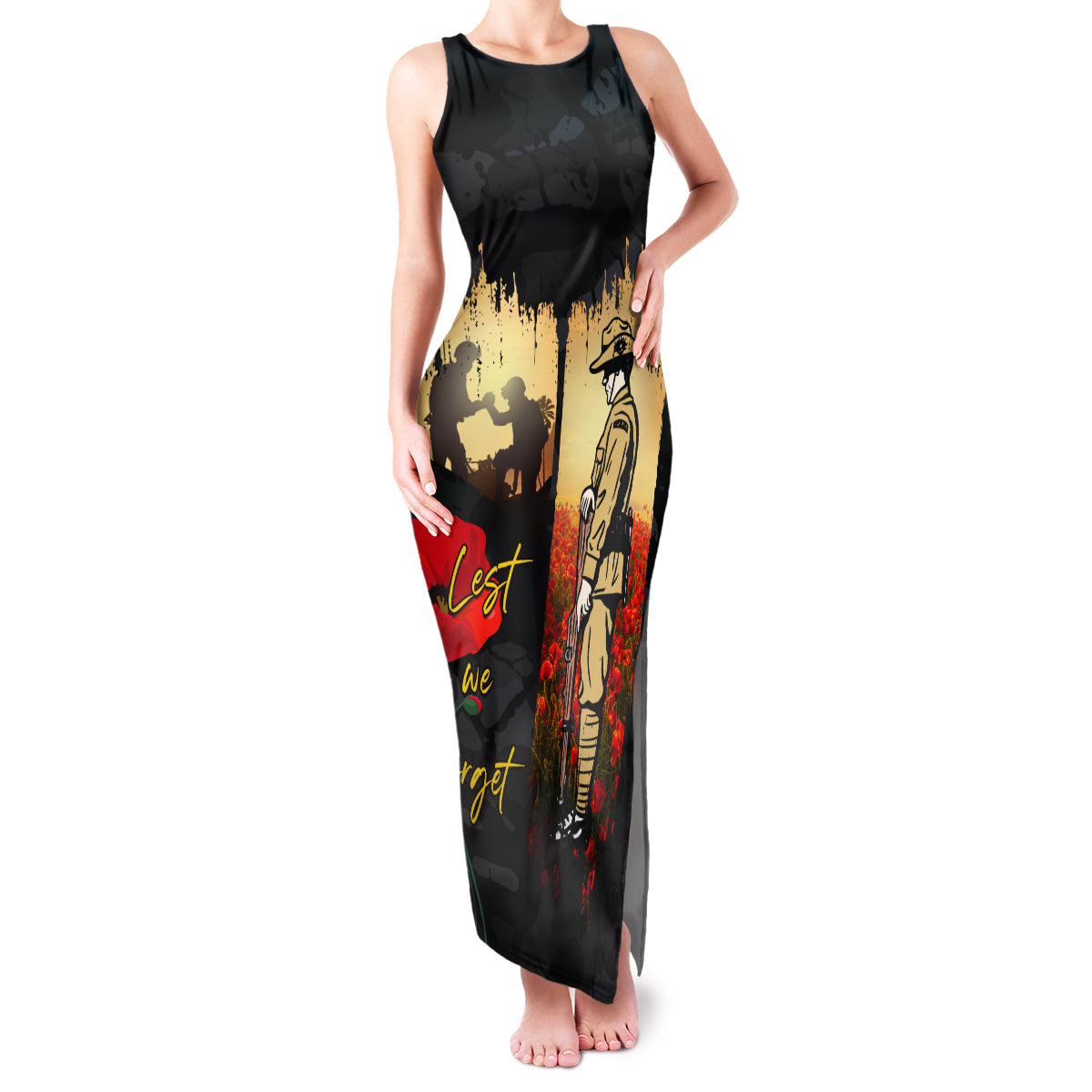 Tokelau ANZAC Day Family Matching Tank Maxi Dress and Hawaiian Shirt Lest We Forget LT05 Mom's Dress Black - Polynesian Pride