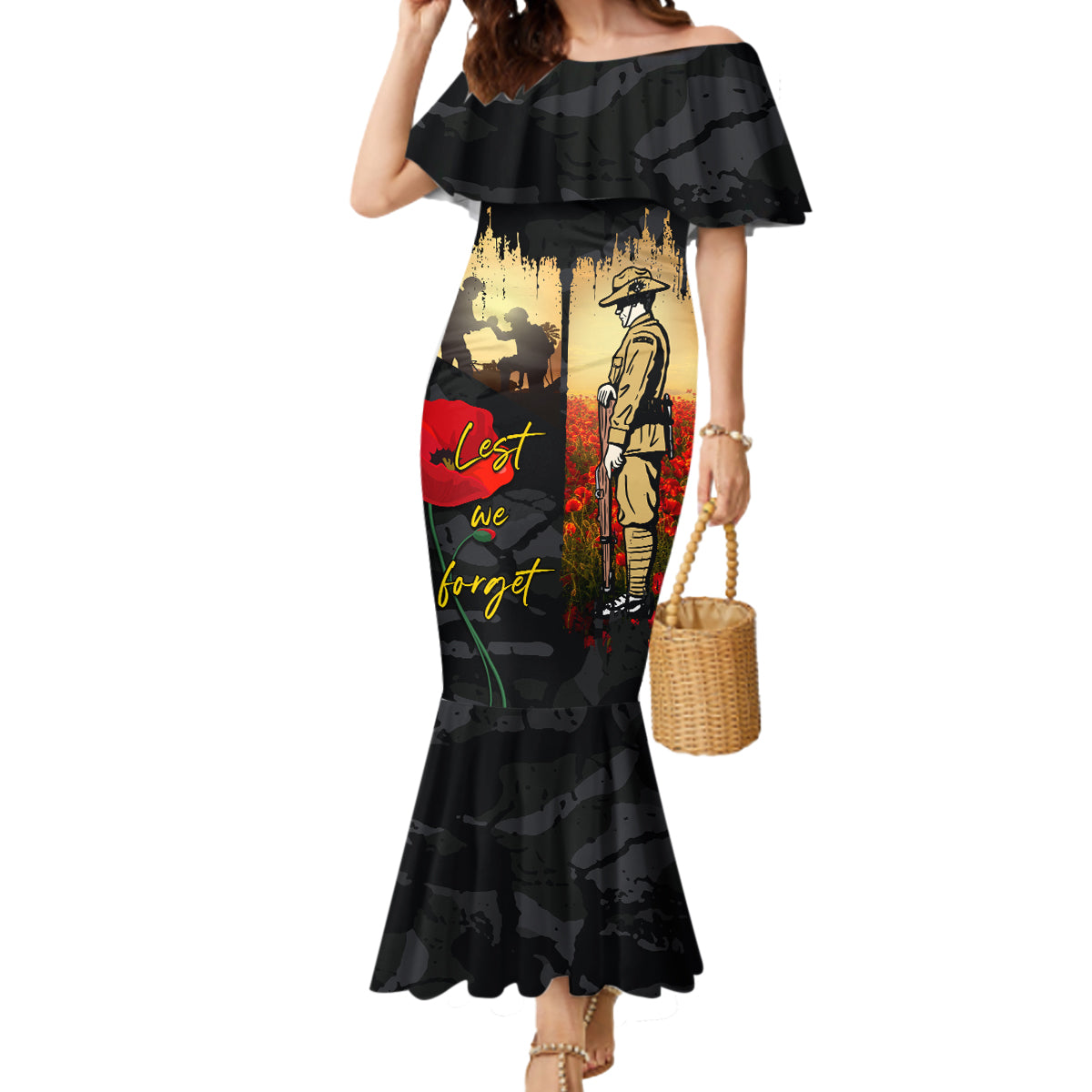 Tokelau ANZAC Day Mermaid Dress Lest We Forget LT05 Women Black - Polynesian Pride