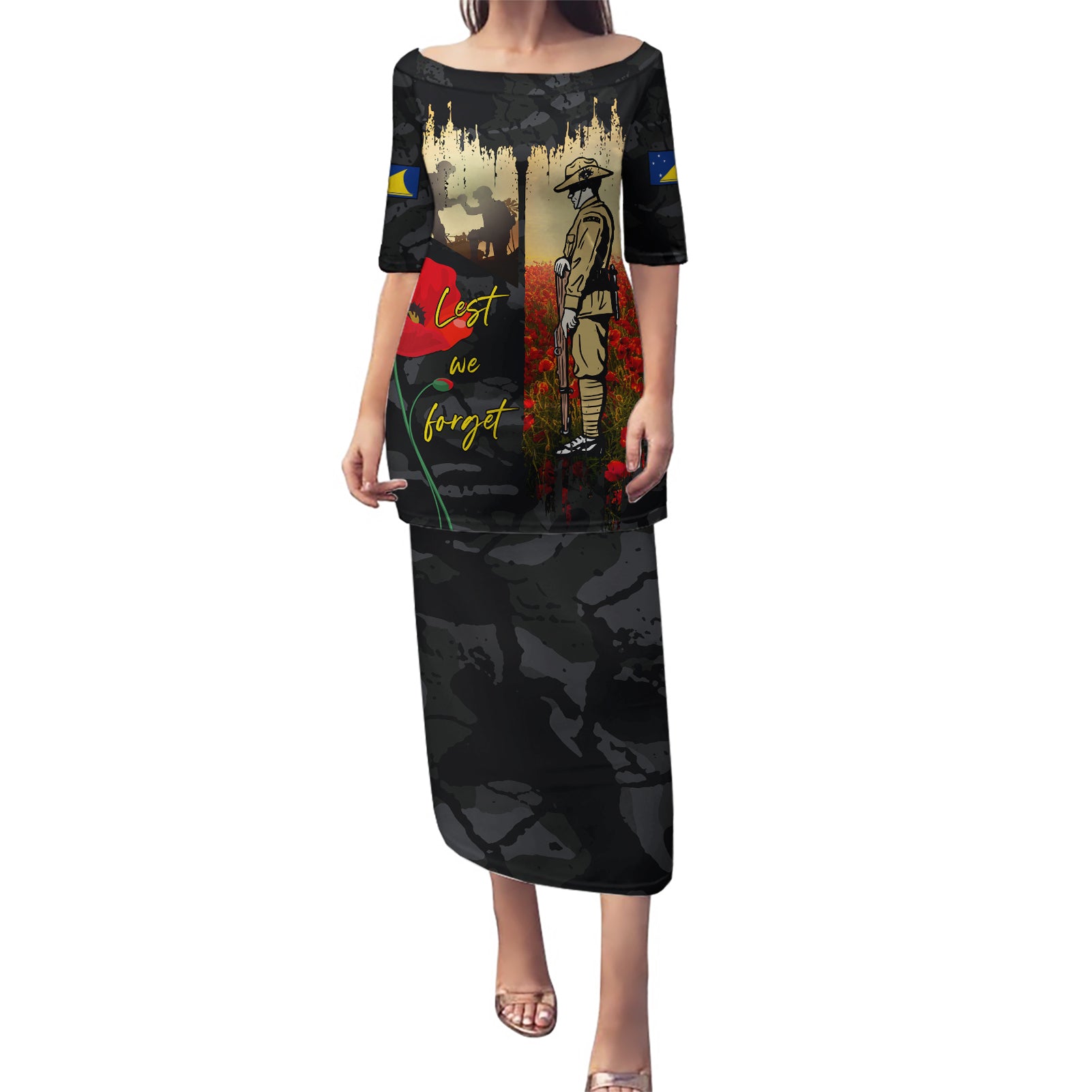 Tokelau ANZAC Day Puletasi Lest We Forget LT05 Long Dress Black - Polynesian Pride