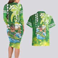 Hawaii Saint Patrick's Day Couples Matching Long Sleeve Bodycon Dress and Hawaiian Shirt Funny Surfing Leprechaun LT05 - Polynesian Pride
