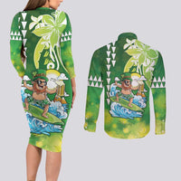 Hawaii Saint Patrick's Day Couples Matching Long Sleeve Bodycon Dress and Long Sleeve Button Shirt Funny Surfing Leprechaun LT05 - Polynesian Pride