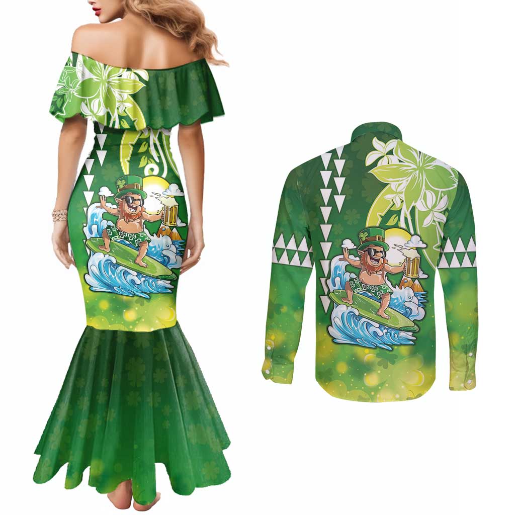 Hawaii Saint Patrick's Day Couples Matching Mermaid Dress and Long Sleeve Button Shirt Funny Surfing Leprechaun LT05 - Polynesian Pride