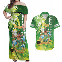 Hawaii Saint Patrick's Day Couples Matching Off Shoulder Maxi Dress and Hawaiian Shirt Funny Surfing Leprechaun LT05 Green - Polynesian Pride