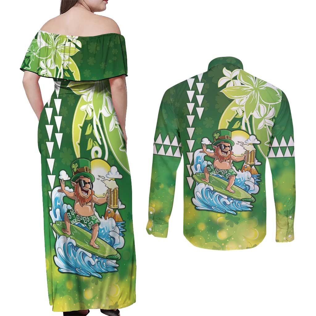 Hawaii Saint Patrick's Day Couples Matching Off Shoulder Maxi Dress and Long Sleeve Button Shirt Funny Surfing Leprechaun LT05 - Polynesian Pride