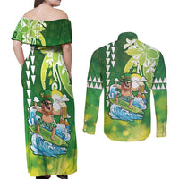 Hawaii Saint Patrick's Day Couples Matching Off Shoulder Maxi Dress and Long Sleeve Button Shirt Funny Surfing Leprechaun LT05 - Polynesian Pride