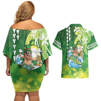Hawaii Saint Patrick's Day Couples Matching Off Shoulder Short Dress and Hawaiian Shirt Funny Surfing Leprechaun LT05 - Polynesian Pride