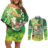 Hawaii Saint Patrick's Day Couples Matching Off Shoulder Short Dress and Long Sleeve Button Shirt Funny Surfing Leprechaun LT05 Green - Polynesian Pride