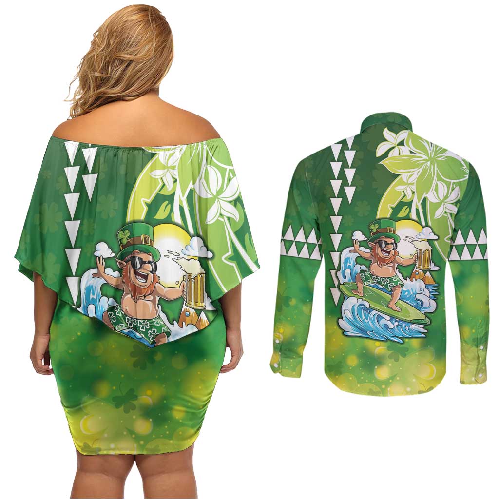 Hawaii Saint Patrick's Day Couples Matching Off Shoulder Short Dress and Long Sleeve Button Shirt Funny Surfing Leprechaun LT05 - Polynesian Pride