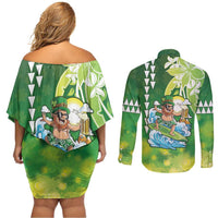 Hawaii Saint Patrick's Day Couples Matching Off Shoulder Short Dress and Long Sleeve Button Shirt Funny Surfing Leprechaun LT05 - Polynesian Pride