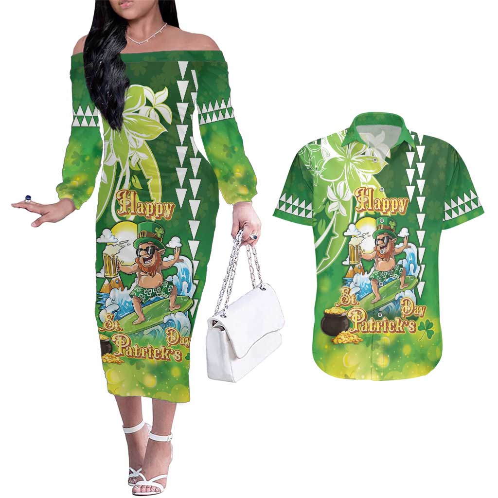 Hawaii Saint Patrick's Day Couples Matching Off The Shoulder Long Sleeve Dress and Hawaiian Shirt Funny Surfing Leprechaun LT05 Green - Polynesian Pride
