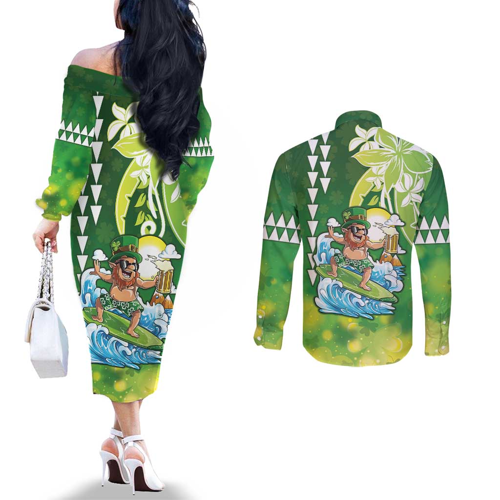 Hawaii Saint Patrick's Day Couples Matching Off The Shoulder Long Sleeve Dress and Long Sleeve Button Shirt Funny Surfing Leprechaun LT05 - Polynesian Pride