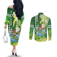 Hawaii Saint Patrick's Day Couples Matching Off The Shoulder Long Sleeve Dress and Long Sleeve Button Shirt Funny Surfing Leprechaun LT05 - Polynesian Pride
