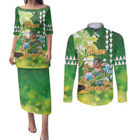 Hawaii Saint Patrick's Day Couples Matching Puletasi and Long Sleeve Button Shirt Funny Surfing Leprechaun LT05 Green - Polynesian Pride