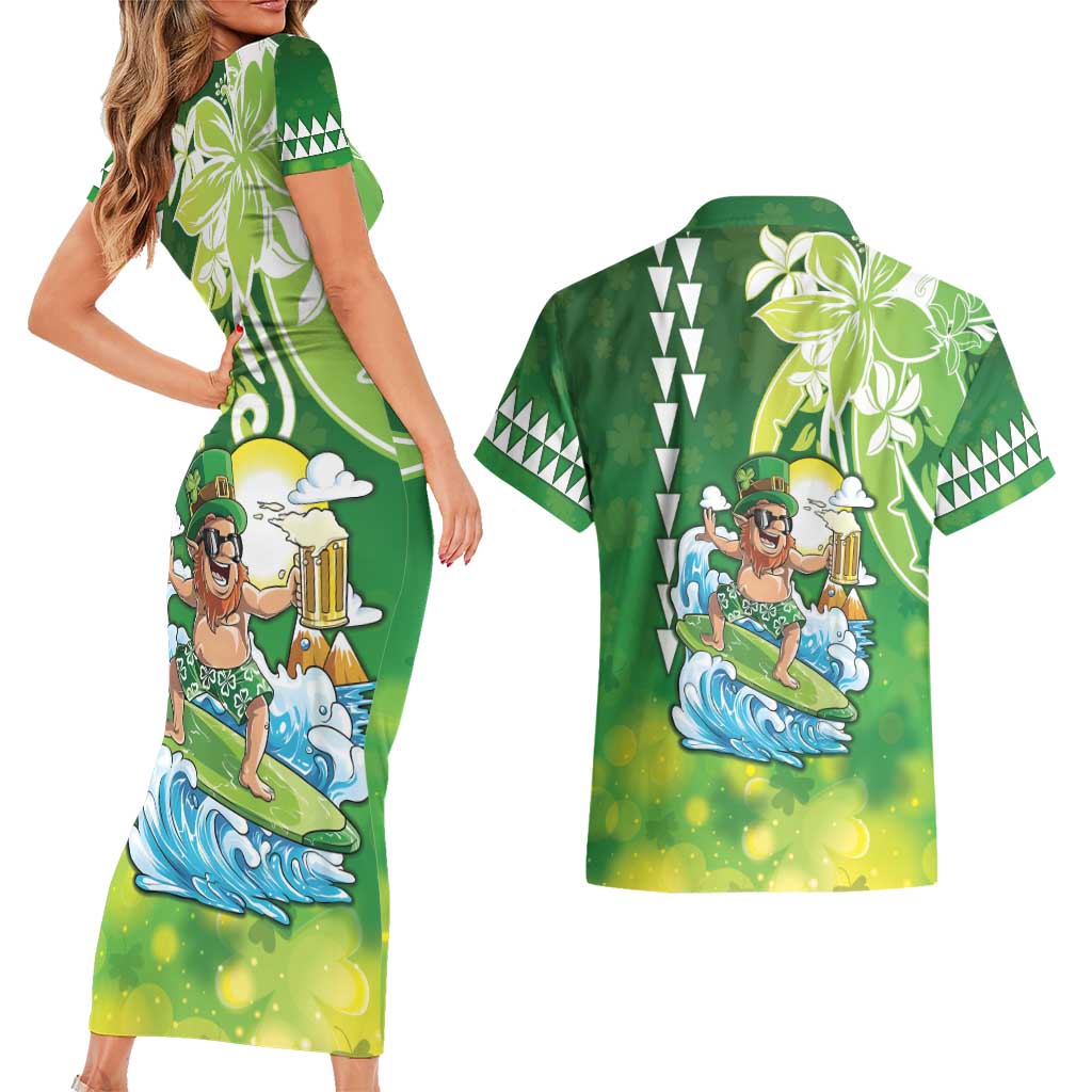 Hawaii Saint Patrick's Day Couples Matching Short Sleeve Bodycon Dress and Hawaiian Shirt Funny Surfing Leprechaun LT05 - Polynesian Pride