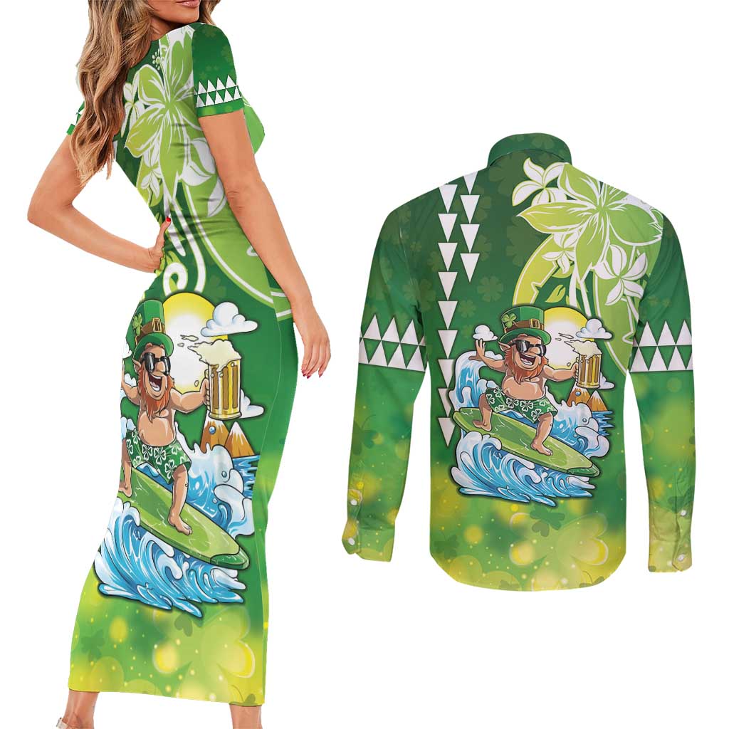 Hawaii Saint Patrick's Day Couples Matching Short Sleeve Bodycon Dress and Long Sleeve Button Shirt Funny Surfing Leprechaun LT05 - Polynesian Pride