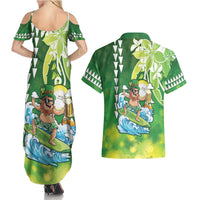 Hawaii Saint Patrick's Day Couples Matching Summer Maxi Dress and Hawaiian Shirt Funny Surfing Leprechaun LT05 - Polynesian Pride