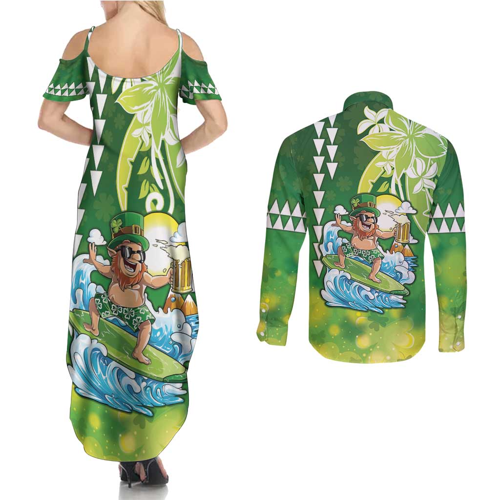 Hawaii Saint Patrick's Day Couples Matching Summer Maxi Dress and Long Sleeve Button Shirt Funny Surfing Leprechaun LT05 - Polynesian Pride