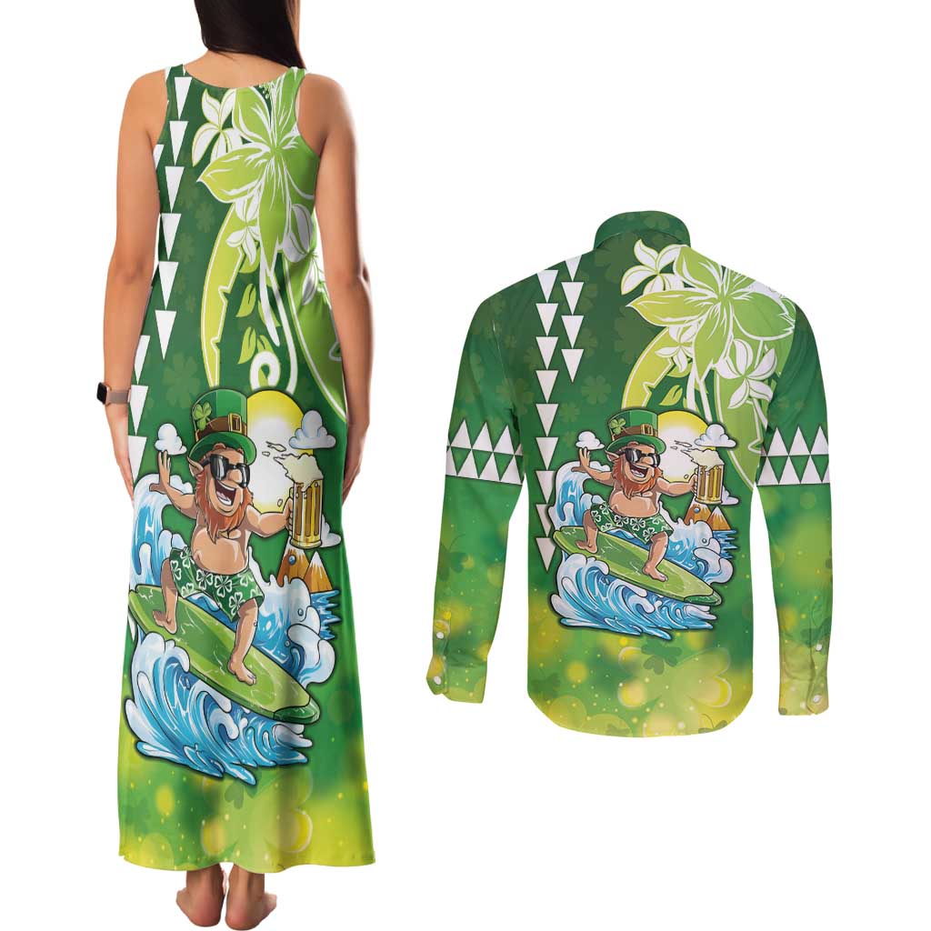 Hawaii Saint Patrick's Day Couples Matching Tank Maxi Dress and Long Sleeve Button Shirt Funny Surfing Leprechaun LT05 - Polynesian Pride