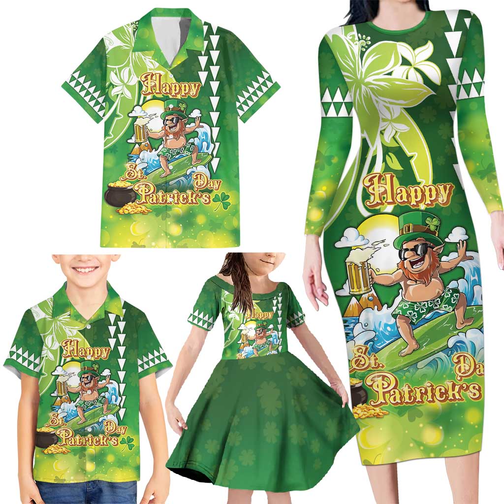 Hawaii Saint Patrick's Day Family Matching Long Sleeve Bodycon Dress and Hawaiian Shirt Funny Surfing Leprechaun