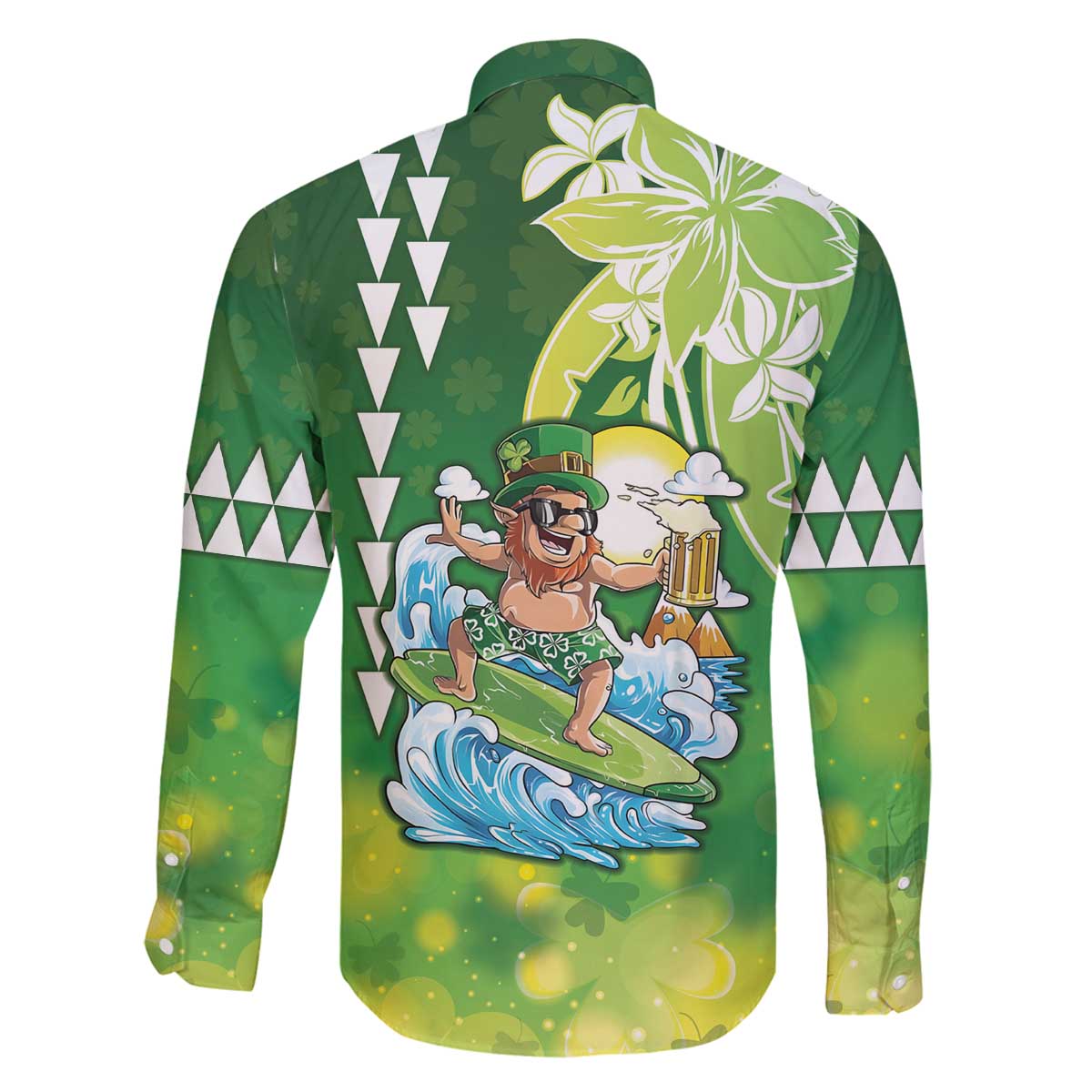 Hawaii Saint Patrick's Day Family Matching Off The Shoulder Long Sleeve Dress and Hawaiian Shirt Funny Surfing Leprechaun