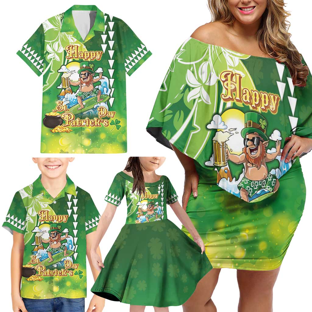 Hawaii Saint Patrick's Day Family Matching Off Shoulder Short Dress and Hawaiian Shirt Funny Surfing Leprechaun