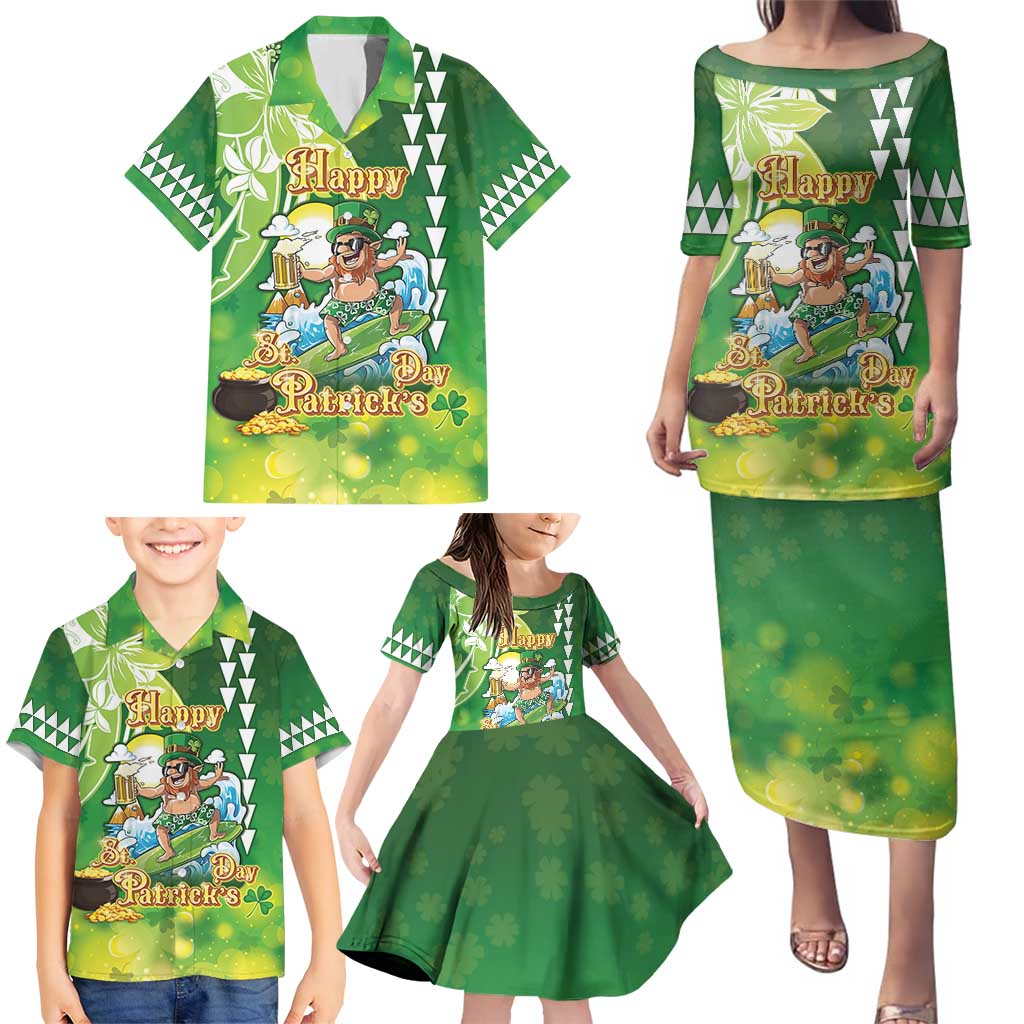 Hawaii Saint Patrick's Day Family Matching Puletasi and Hawaiian Shirt Funny Surfing Leprechaun