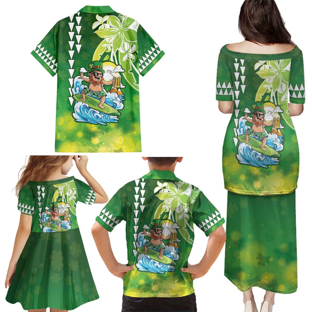 Hawaii Saint Patrick's Day Family Matching Puletasi and Hawaiian Shirt Funny Surfing Leprechaun