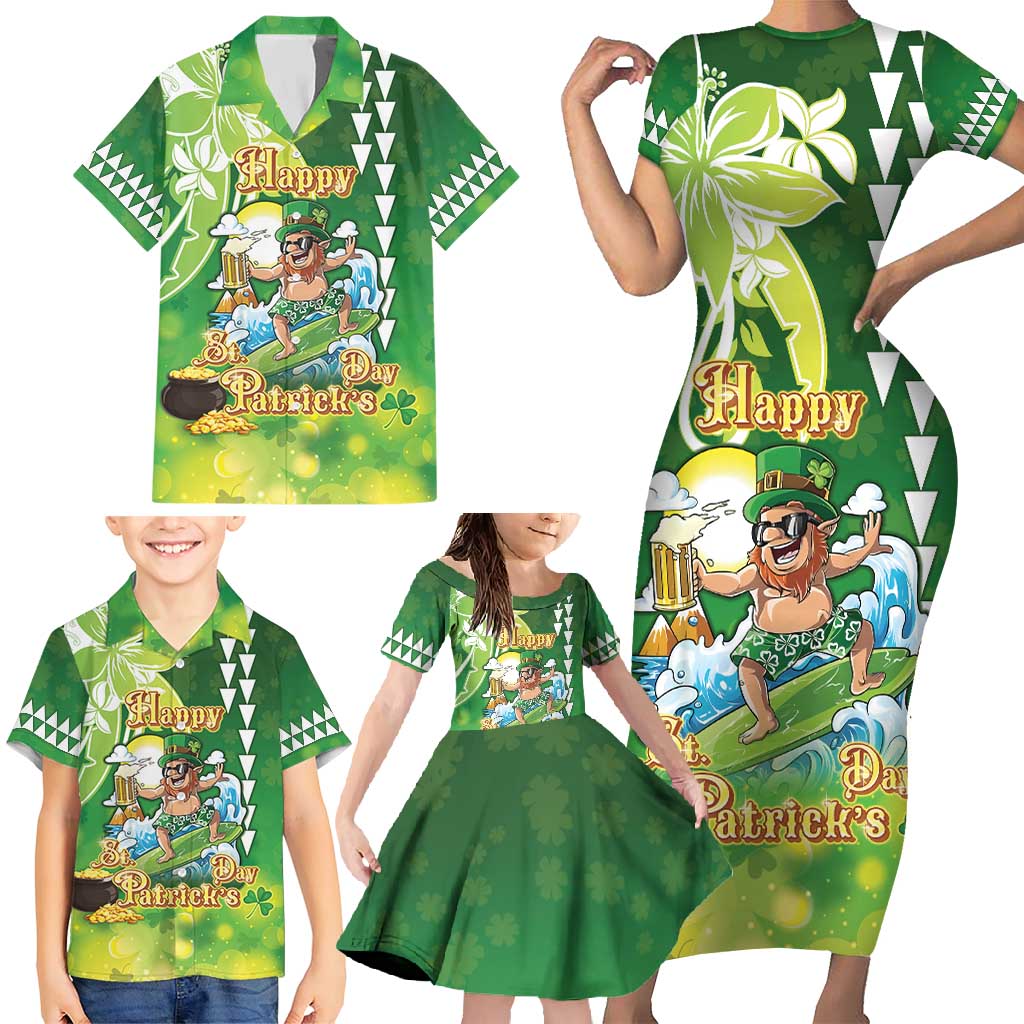 Hawaii Saint Patrick's Day Family Matching Short Sleeve Bodycon Dress and Hawaiian Shirt Funny Surfing Leprechaun