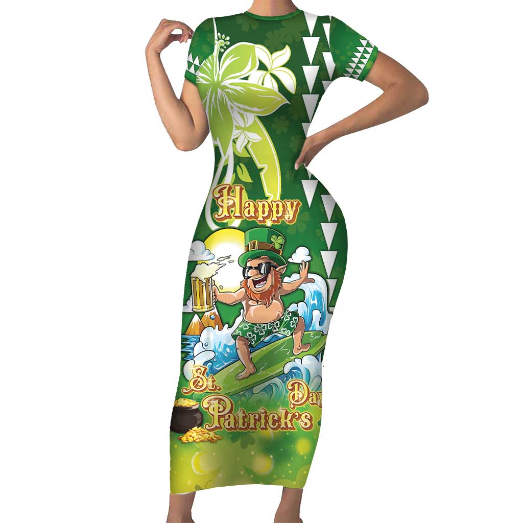 Hawaii Saint Patrick's Day Family Matching Short Sleeve Bodycon Dress and Hawaiian Shirt Funny Surfing Leprechaun