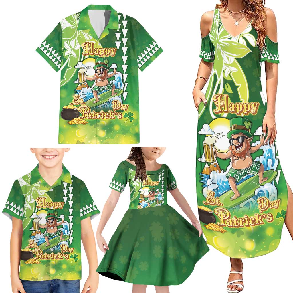 Hawaii Saint Patrick's Day Family Matching Summer Maxi Dress and Hawaiian Shirt Funny Surfing Leprechaun