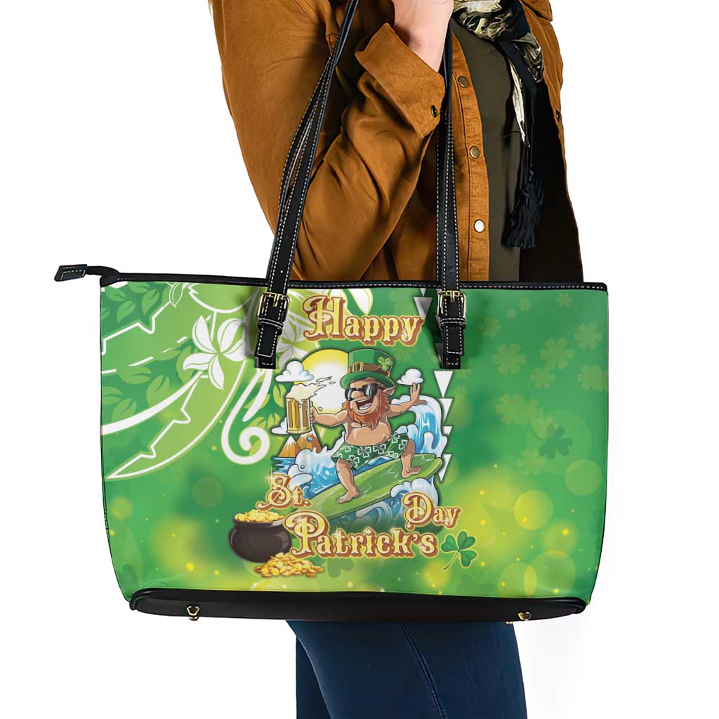Hawaii Saint Patrick's Day Leather Tote Bag Funny Surfing Leprechaun