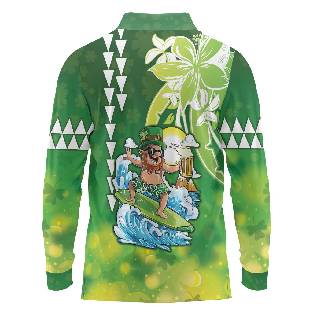 Hawaii Saint Patrick's Day Long Sleeve Polo Shirt Funny Surfing Leprechaun
