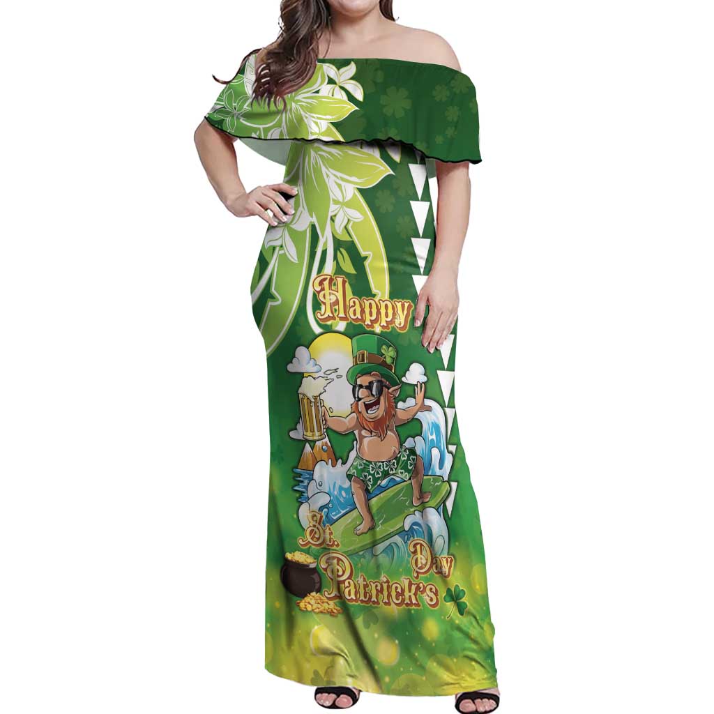 Hawaii Saint Patrick's Day Off Shoulder Maxi Dress Funny Surfing Leprechaun LT05 Women Green - Polynesian Pride