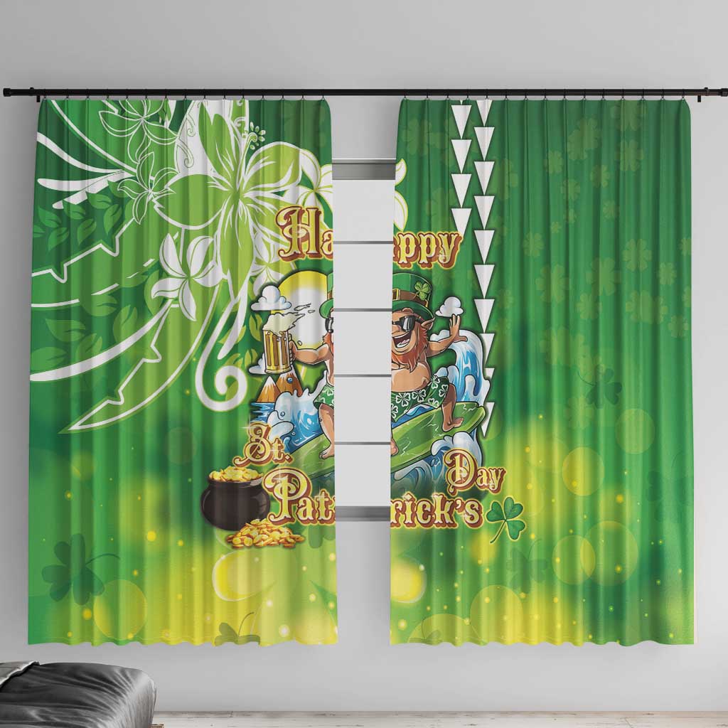 Hawaii Saint Patrick's Day Window Curtain Funny Surfing Leprechaun LT05 With Hooks Green - Polynesian Pride