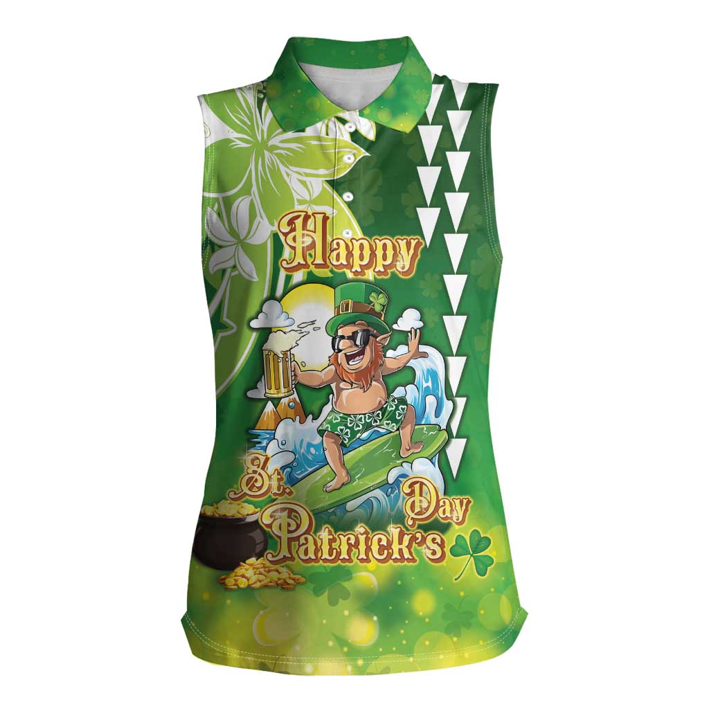 Hawaii Saint Patrick's Day Women Sleeveless Polo Shirt Funny Surfing Leprechaun