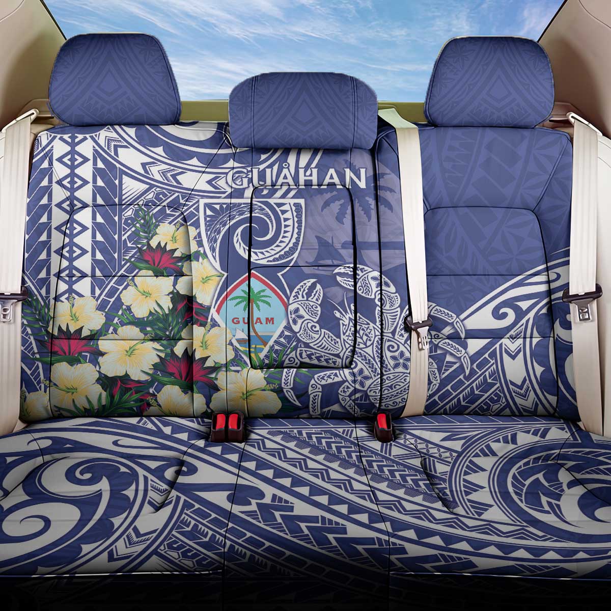 Hafa Adai Guam Back Car Seat Cover Latte Stone With Coconut Crab LT05 One Size Blue - Polynesian Pride