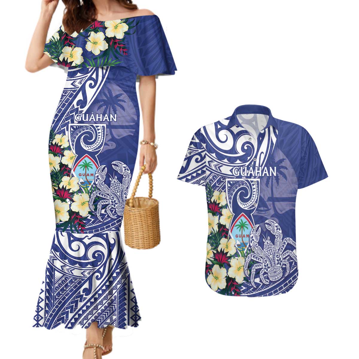 Personalised Hafa Adai Guam Couples Matching Mermaid Dress and Hawaiian Shirt Latte Stone With Coconut Crab LT05 Blue - Polynesian Pride