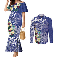 Personalised Hafa Adai Guam Couples Matching Mermaid Dress and Long Sleeve Button Shirt Latte Stone With Coconut Crab LT05 Blue - Polynesian Pride