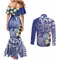 Personalised Hafa Adai Guam Couples Matching Mermaid Dress and Long Sleeve Button Shirt Latte Stone With Coconut Crab LT05 - Polynesian Pride