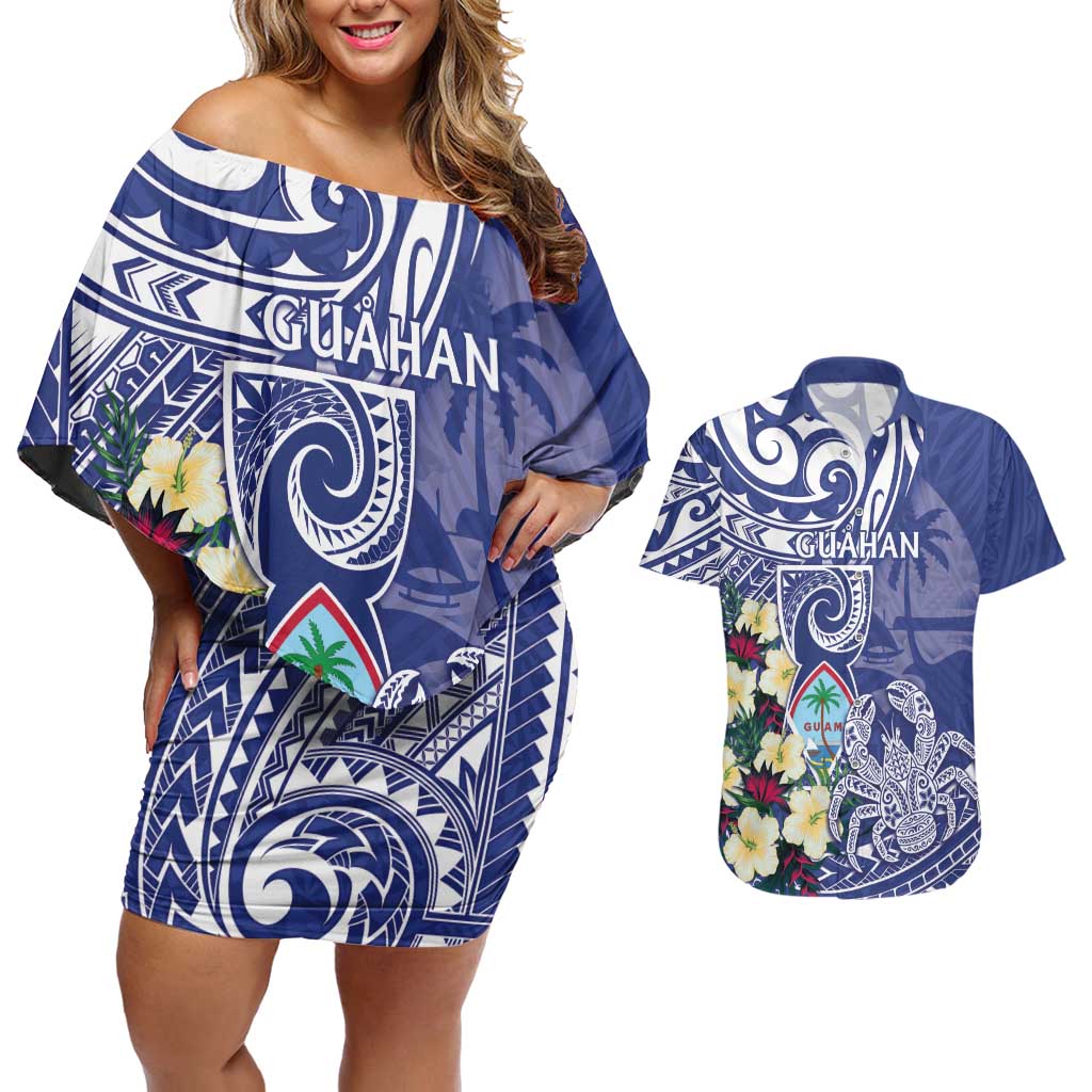 Personalised Hafa Adai Guam Couples Matching Off Shoulder Short Dress and Hawaiian Shirt Latte Stone With Coconut Crab LT05 Blue - Polynesian Pride