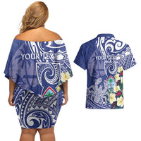 Personalised Hafa Adai Guam Couples Matching Off Shoulder Short Dress and Hawaiian Shirt Latte Stone With Coconut Crab LT05 - Polynesian Pride