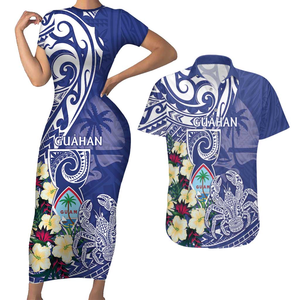 Personalised Hafa Adai Guam Couples Matching Short Sleeve Bodycon Dress and Hawaiian Shirt Latte Stone With Coconut Crab LT05 Blue - Polynesian Pride