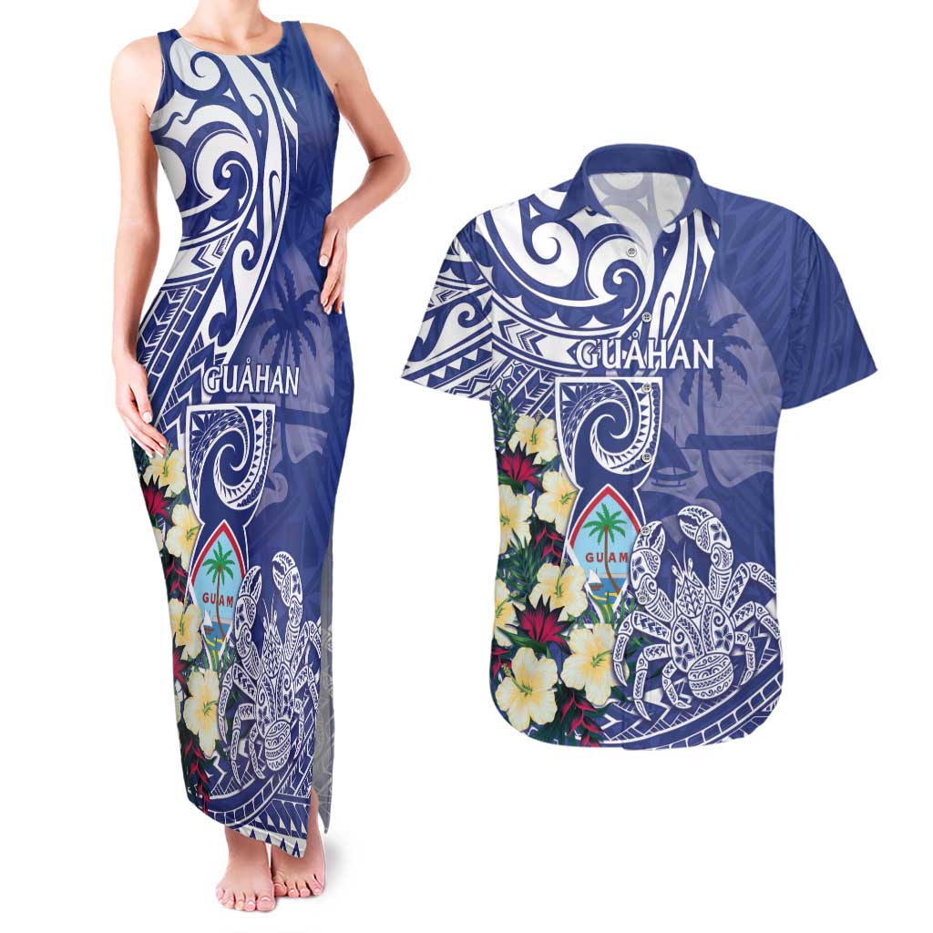 Personalised Hafa Adai Guam Couples Matching Tank Maxi Dress and Hawaiian Shirt Latte Stone With Coconut Crab LT05 Blue - Polynesian Pride