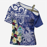 Personalised Hafa Adai Guam Cross Shoulder Shirt Latte Stone With Coconut Crab LT05 Female Blue - Polynesian Pride
