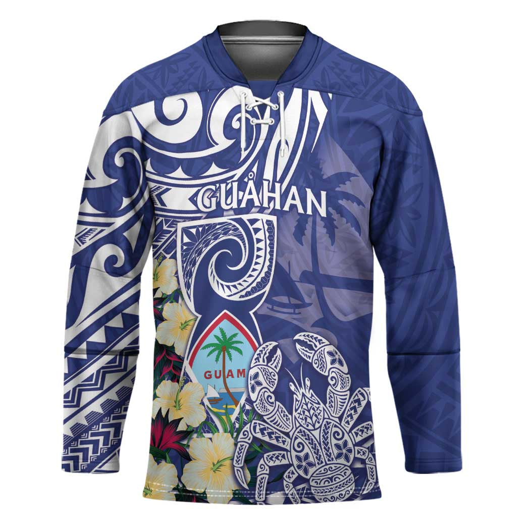Personalised Hafa Adai Guam Hockey Jersey Latte Stone With Coconut Crab LT05 Unisex Blue - Polynesian Pride