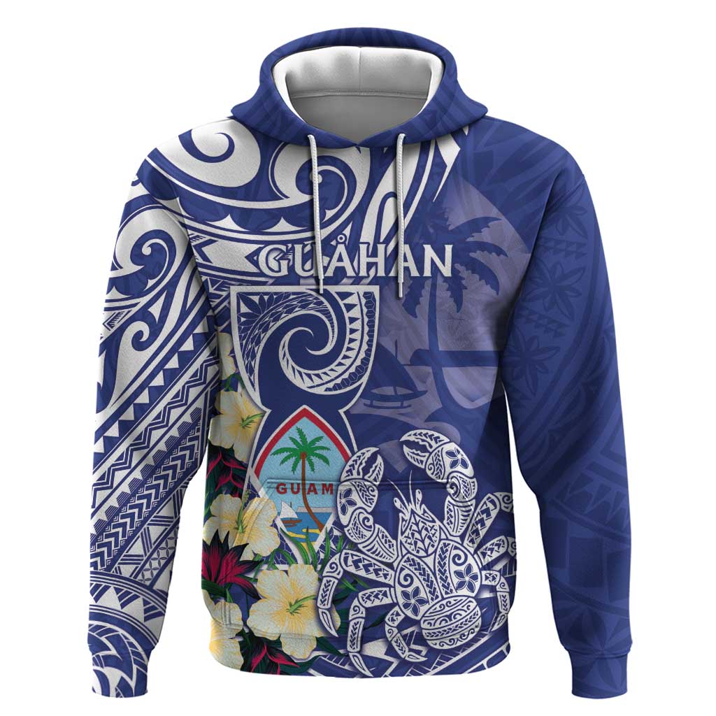 Personalised Hafa Adai Guam Hoodie Latte Stone With Coconut Crab LT05 Pullover Hoodie Blue - Polynesian Pride