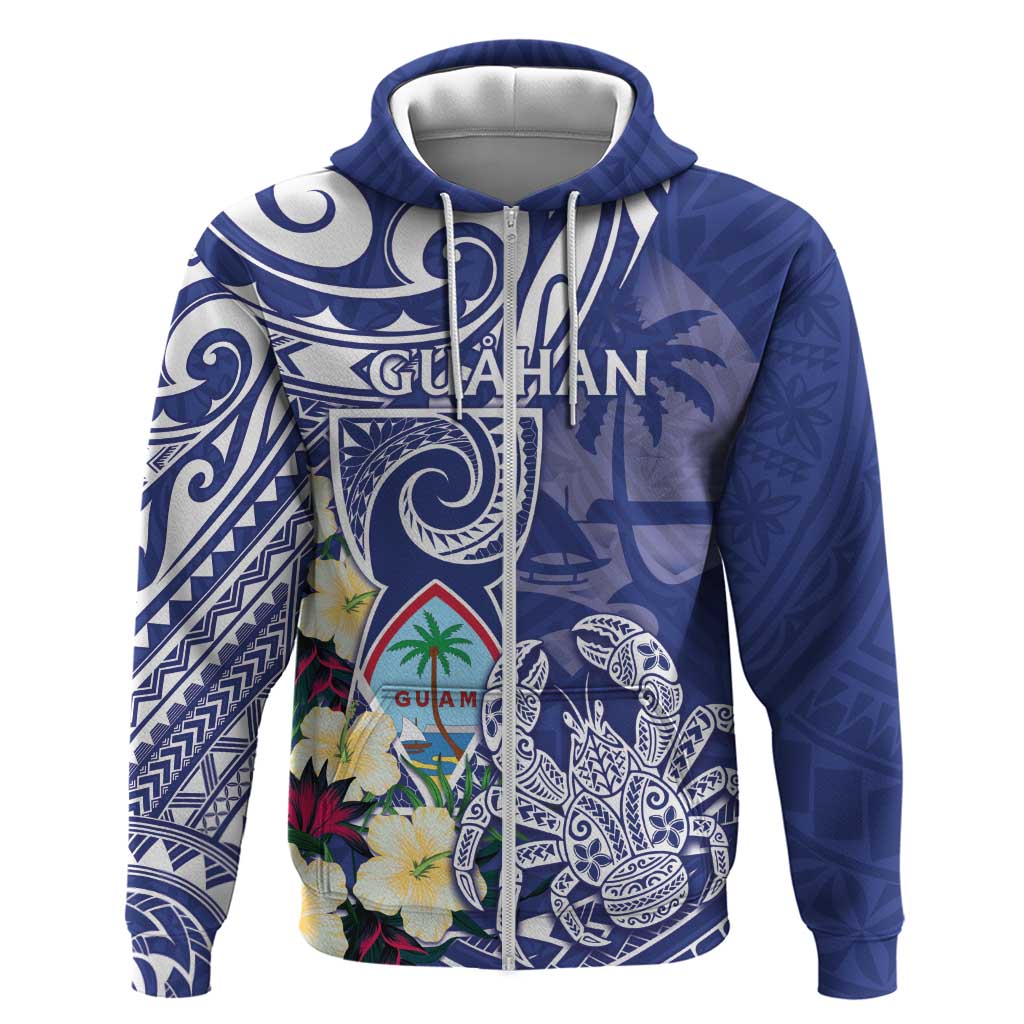 Personalised Hafa Adai Guam Hoodie Latte Stone With Coconut Crab LT05 Zip Hoodie Blue - Polynesian Pride