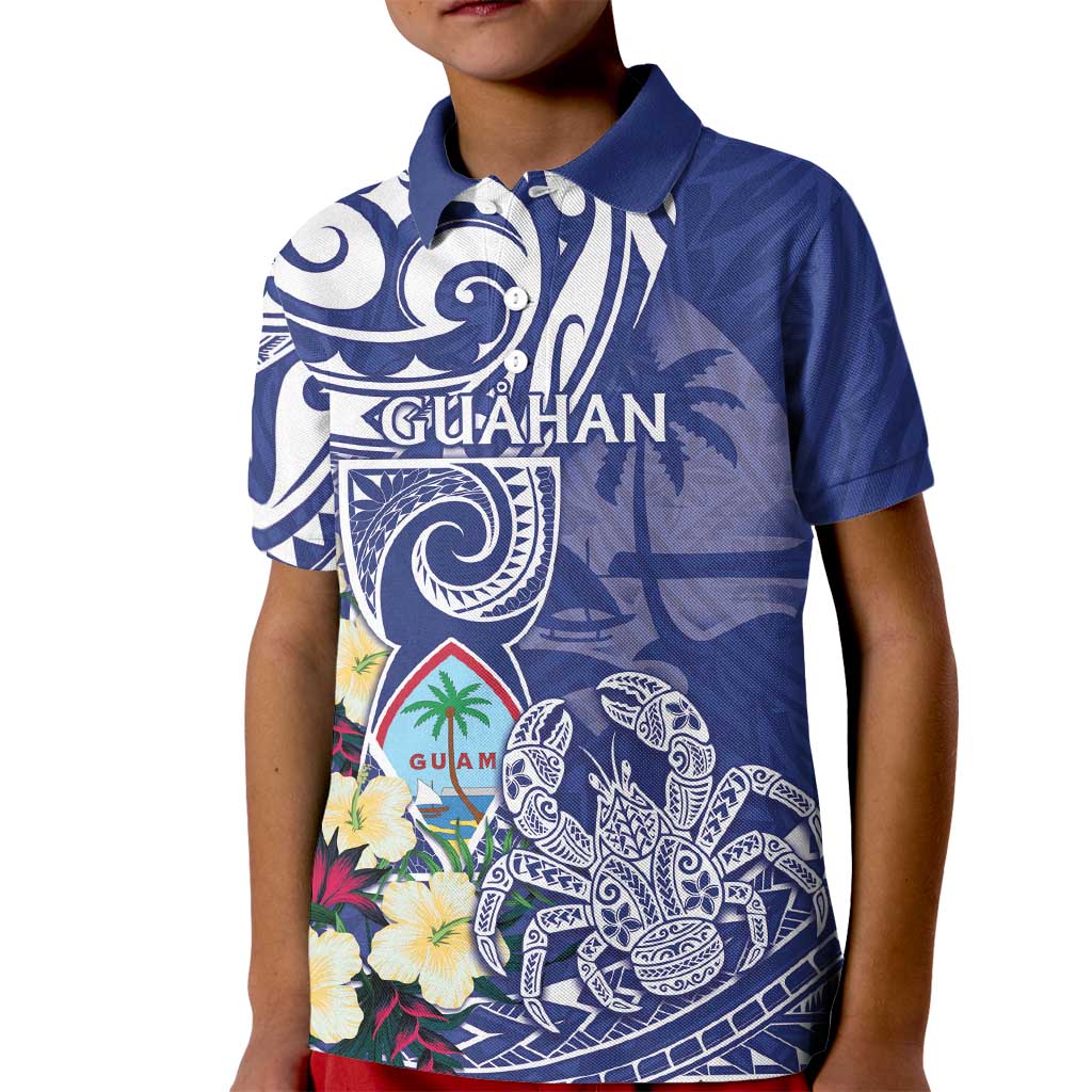 Personalised Hafa Adai Guam Kid Polo Shirt Latte Stone With Coconut Crab LT05 Kid Blue - Polynesian Pride