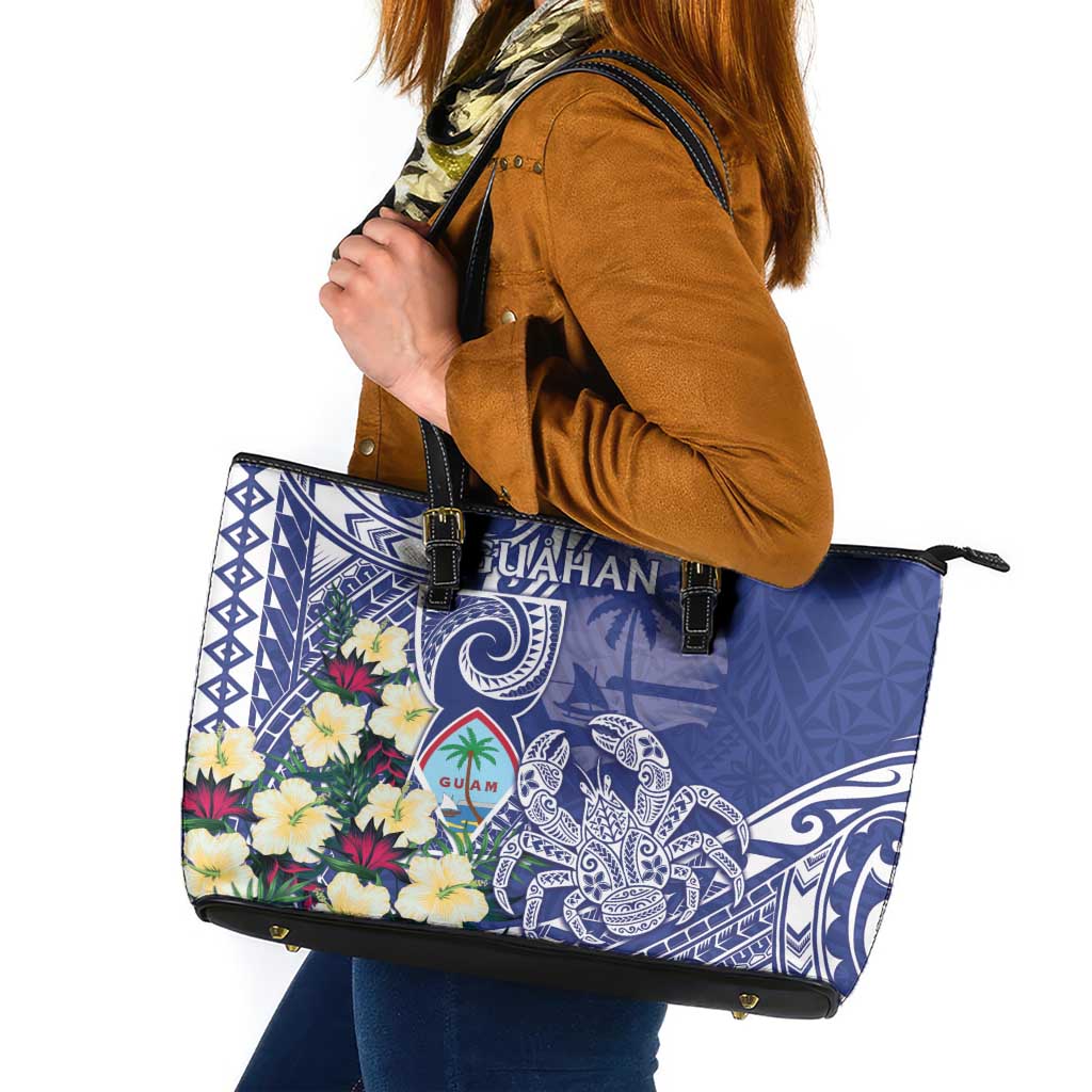 Hafa Adai Guam Leather Tote Bag Latte Stone With Coconut Crab LT05 Blue - Polynesian Pride